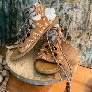 Embroidered Gladiator Sandals with Tassel Ankle Lace-up Strings